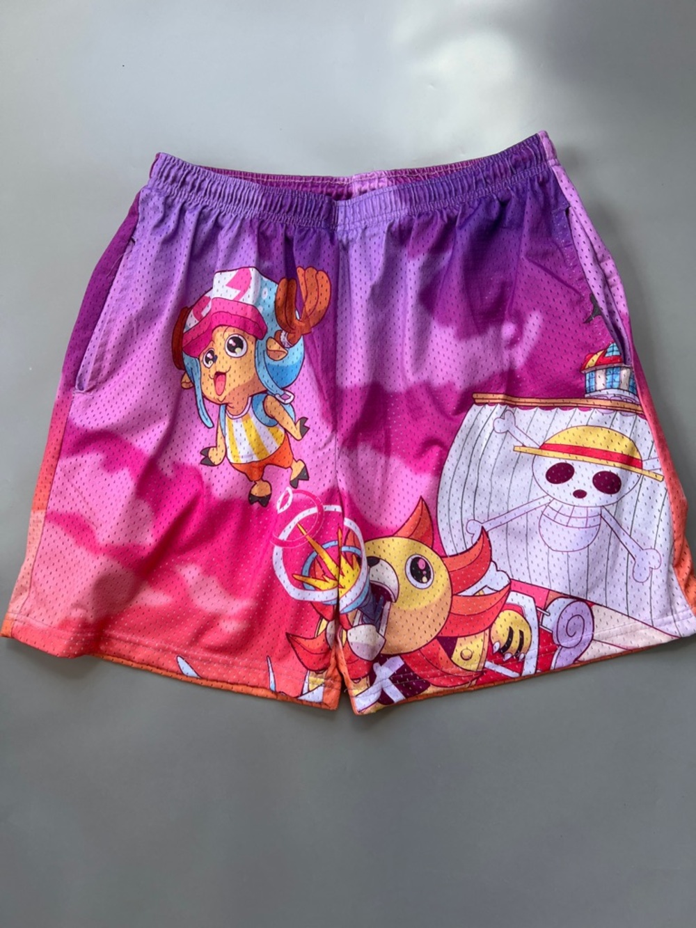 Colorful Anime Crew Graphic Mesh Shorts - Pink & Purple